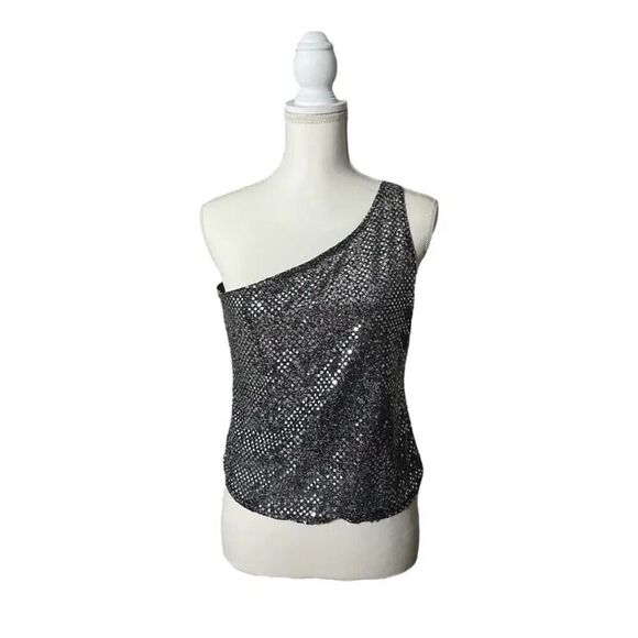 Vintage 90s American Cruiser Silver & Black Sequin Metallic One Shoulder Top M/L - Picture 1 of 6